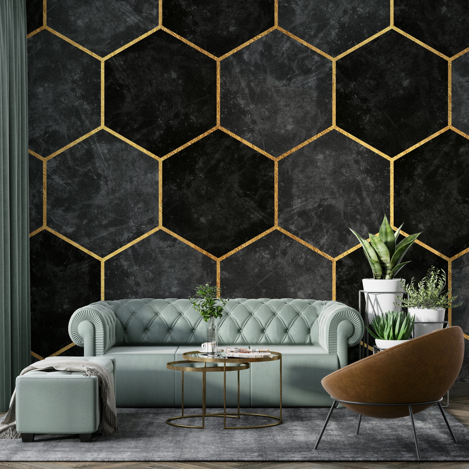Geometric charcoal hexagon mural for modern home decor.

