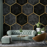 Geometric charcoal hexagon mural for modern home decor.

