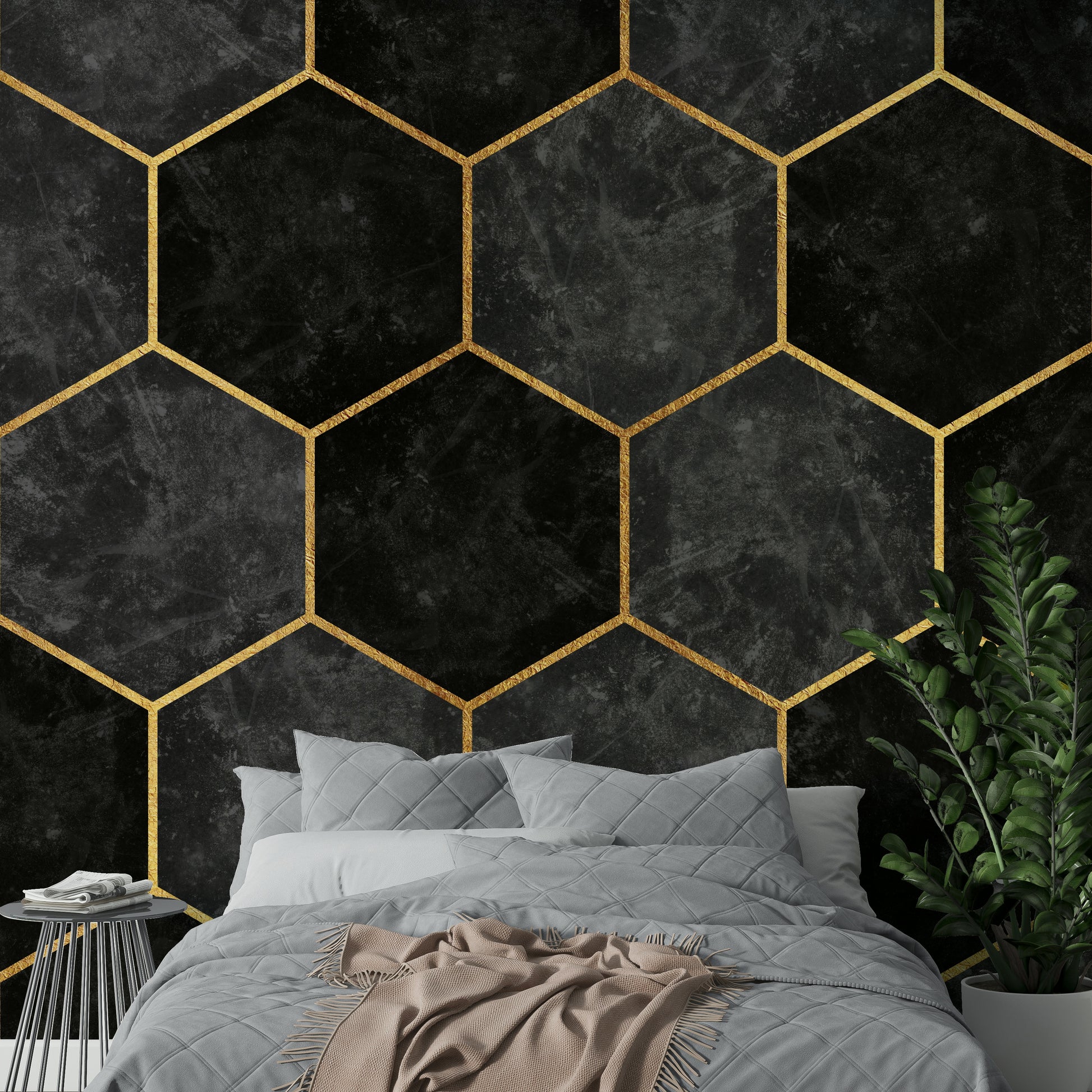 Urban Charcoal Hexagon Pattern Wall Mural with golden accents.

