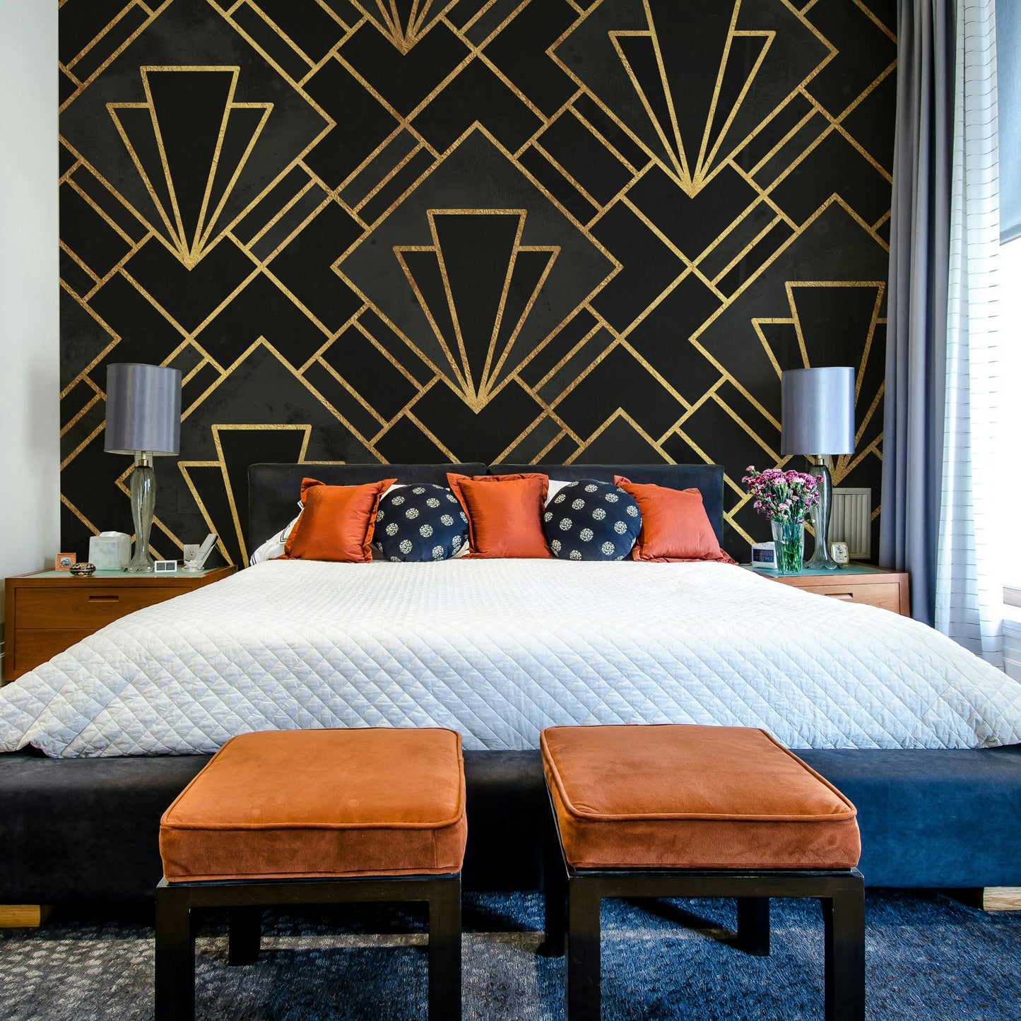 Gold geometric patterns in Art Deco style wall mural.

