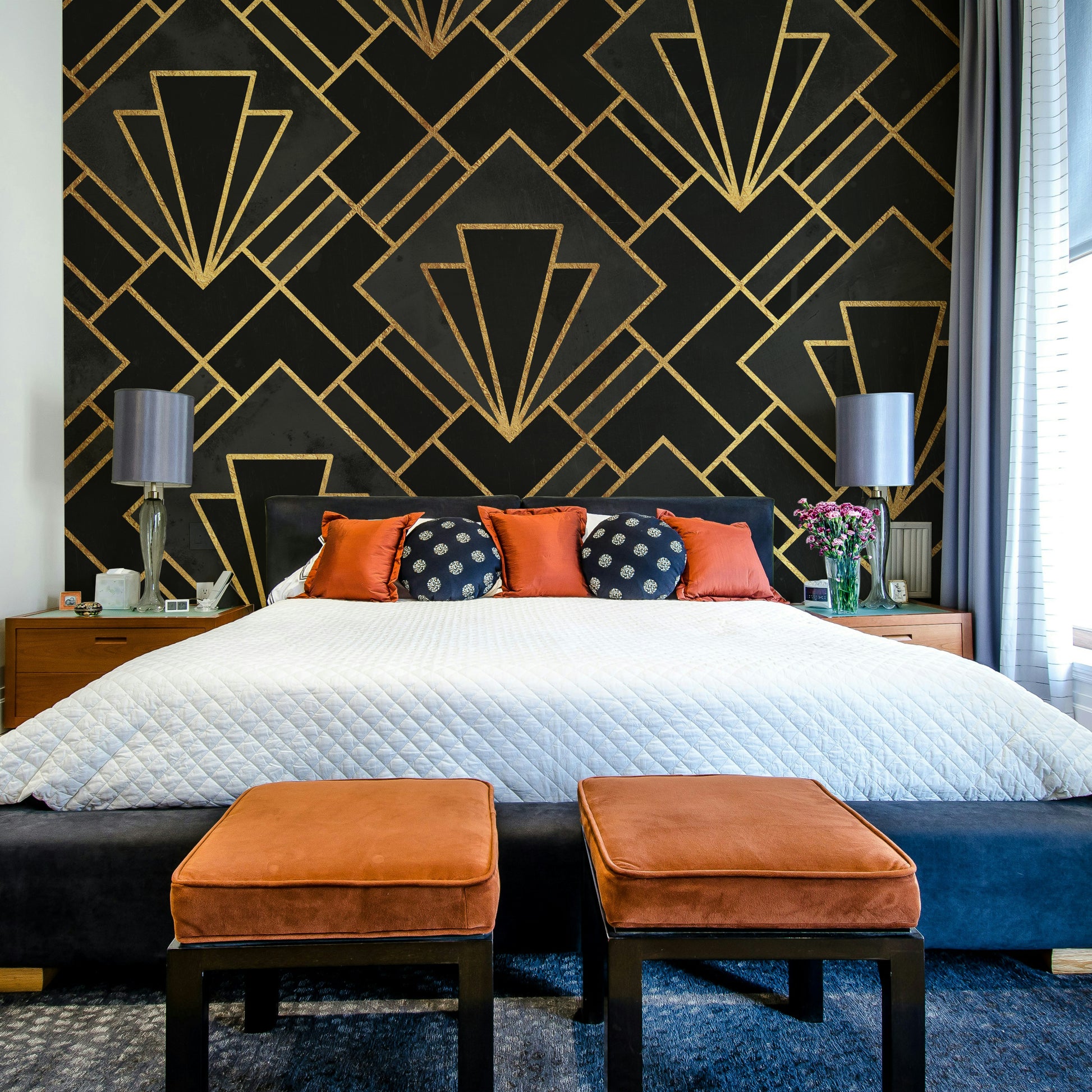 Gold geometric patterns in Art Deco style wall mural.

