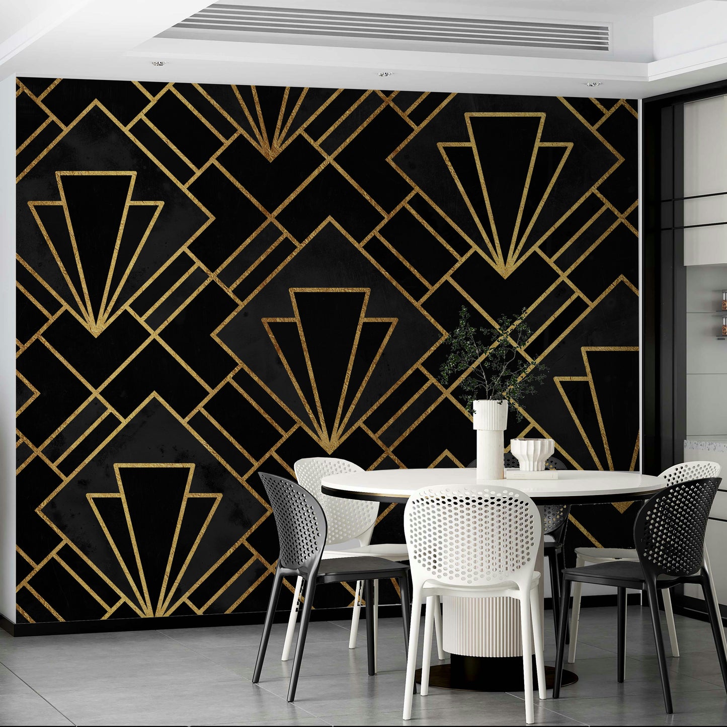Elegant Art Deco black wall mural with gold accents.

