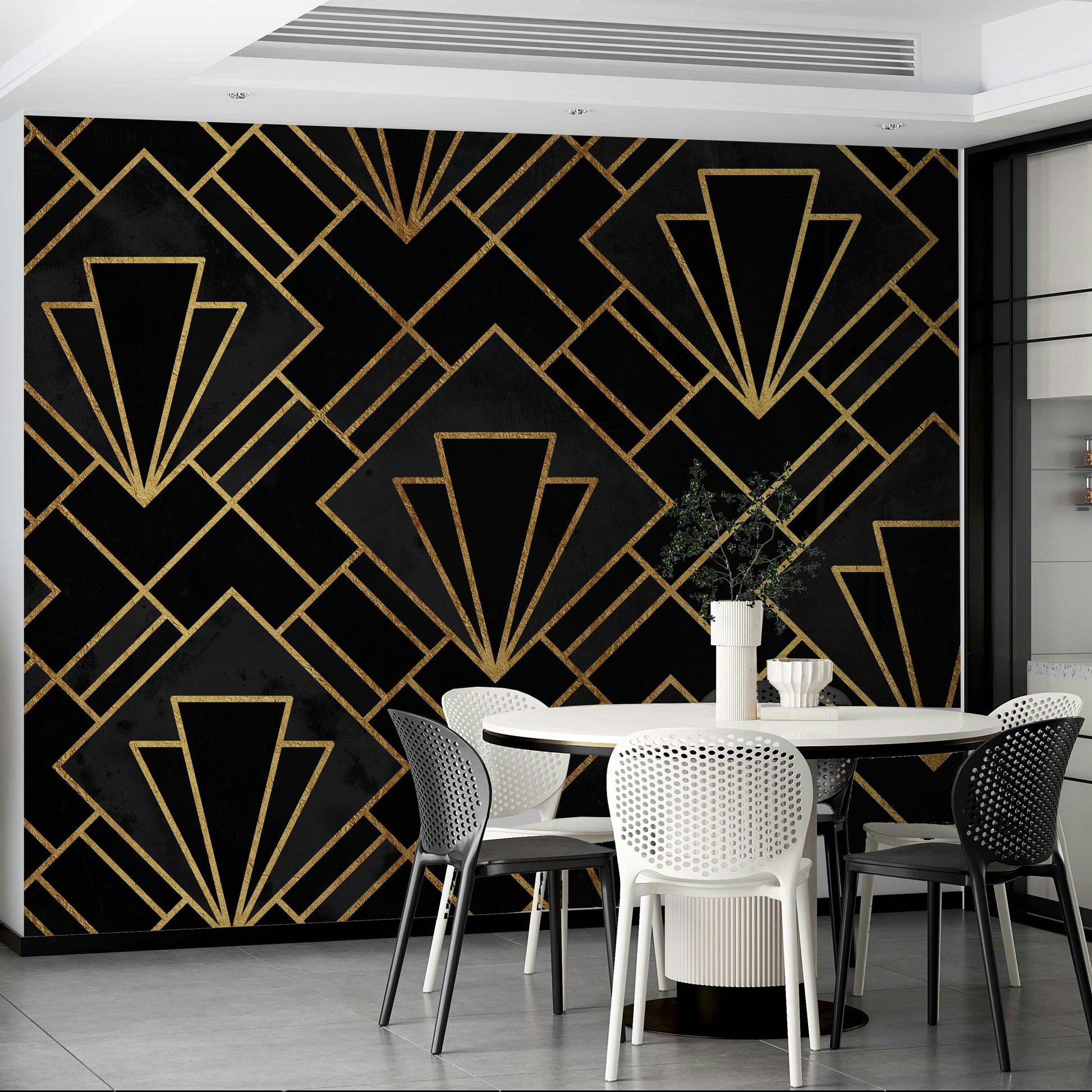 Elegant Art Deco black wall mural with gold accents.

