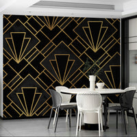 Elegant Art Deco black wall mural with gold accents.

