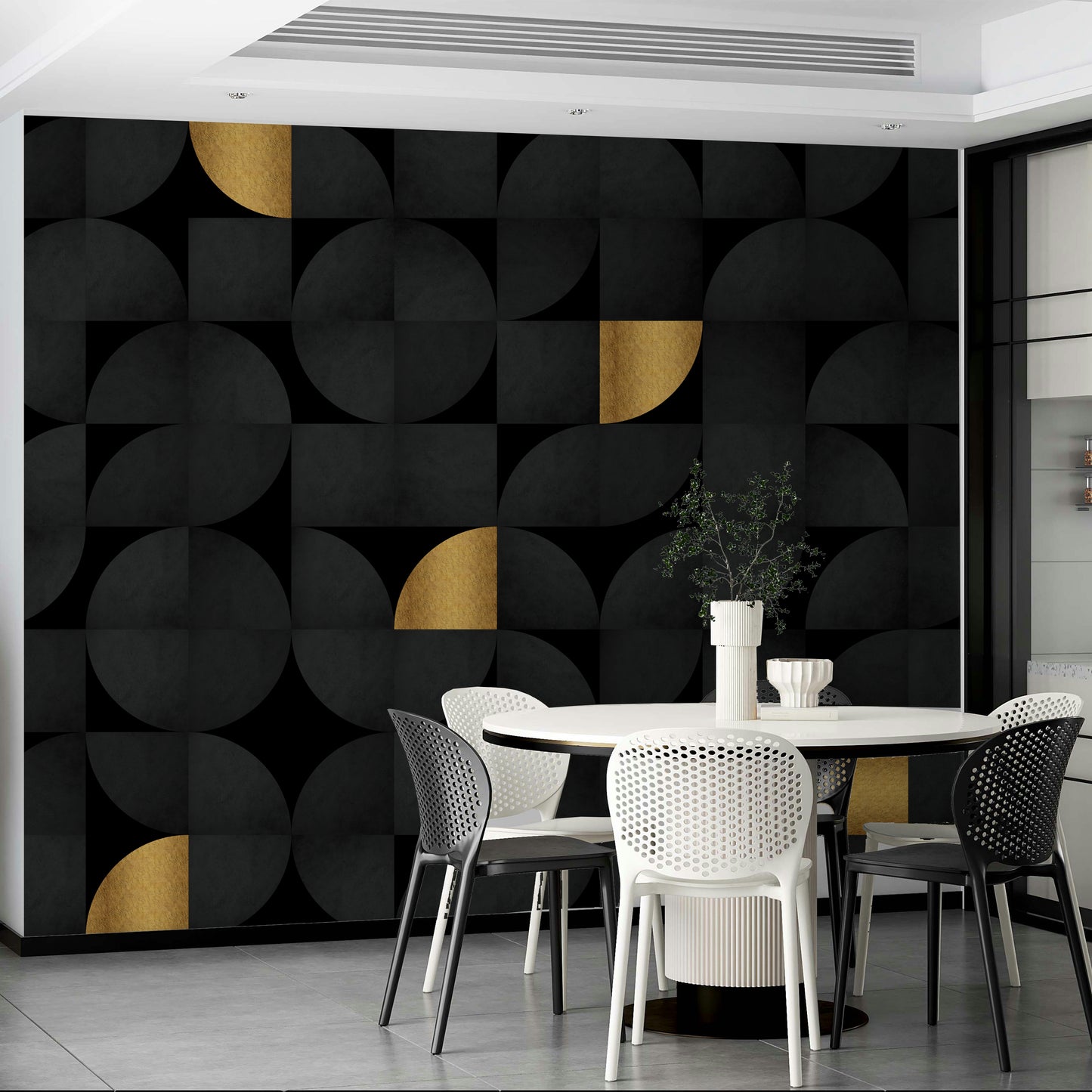 Timeless mid-century geometric wall mural in black and gold

