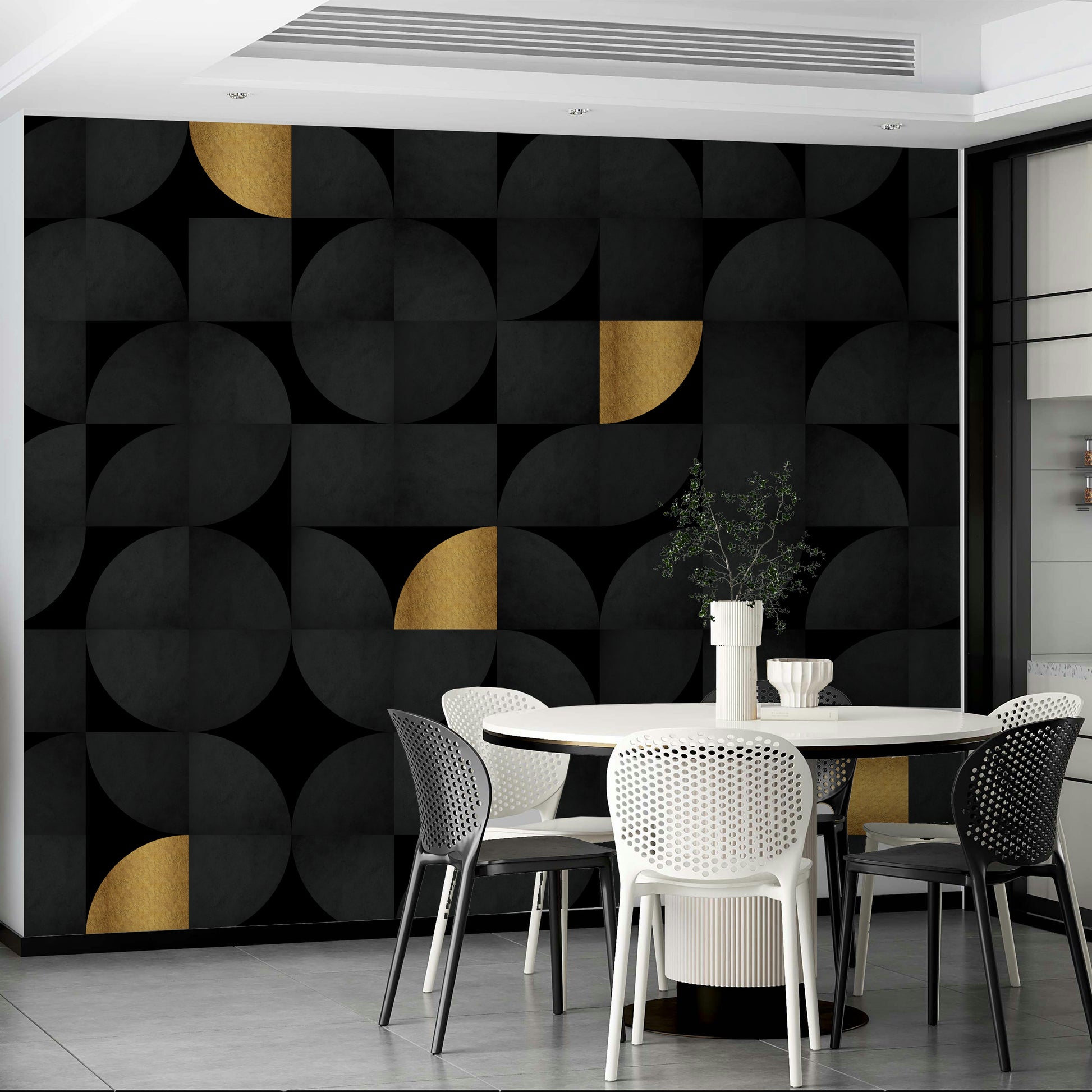 Timeless mid-century geometric wall mural in black and gold

