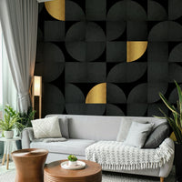 Mid-Century Black and Luxury Gold Wall Mural with geometric design

