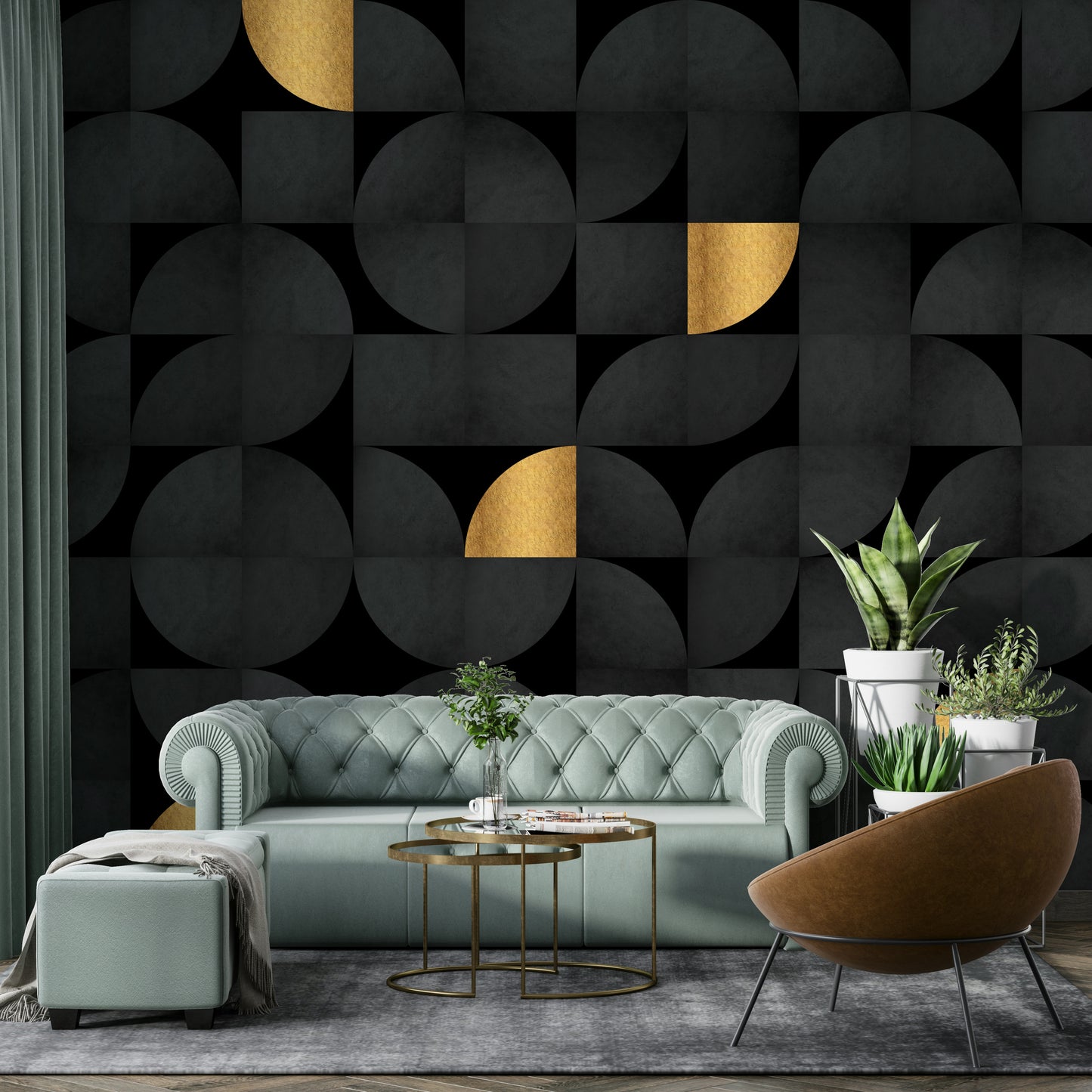 Bold black and gold geometric mural wallpaper for rooms

