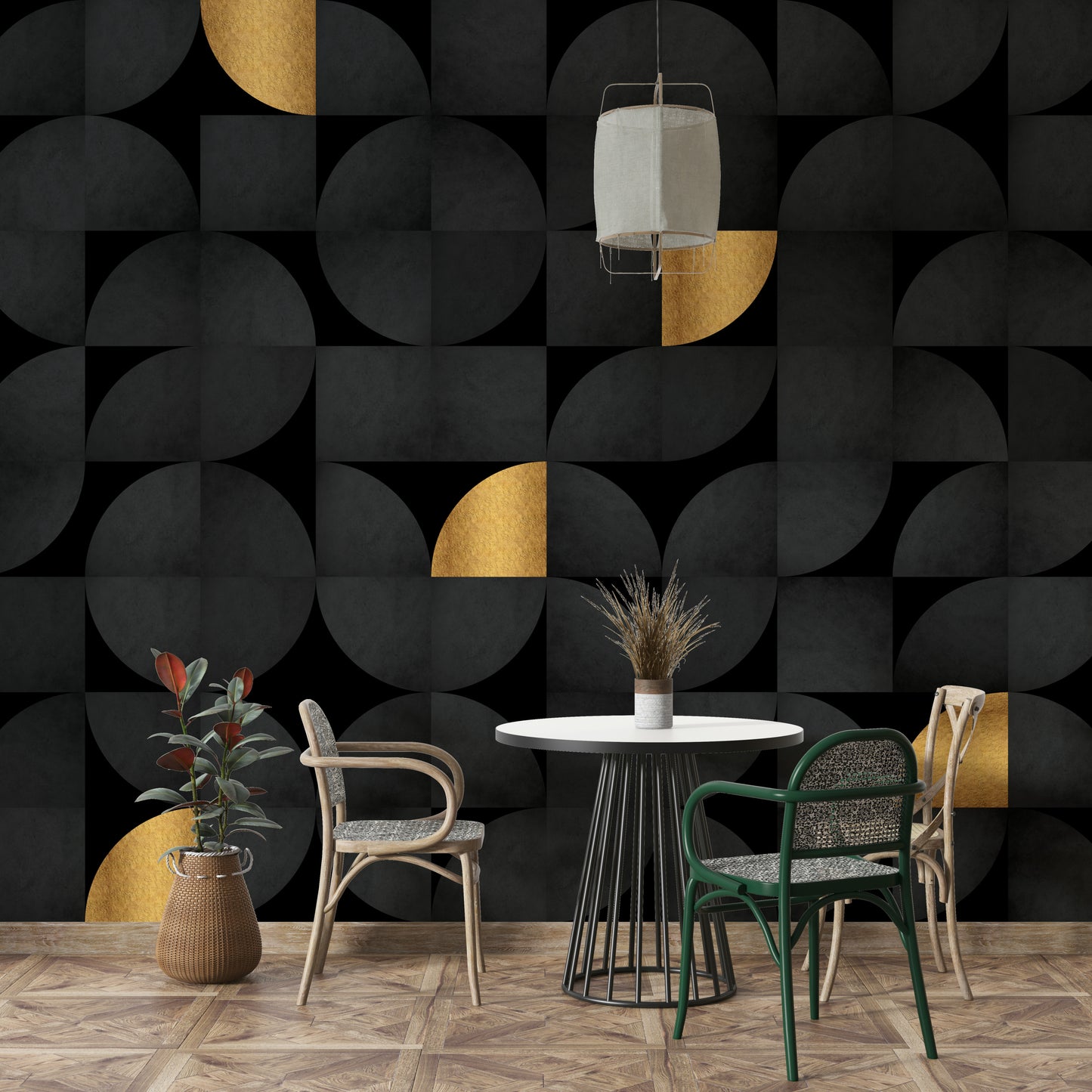 Sophisticated black and gold pattern mural for modern interiors

