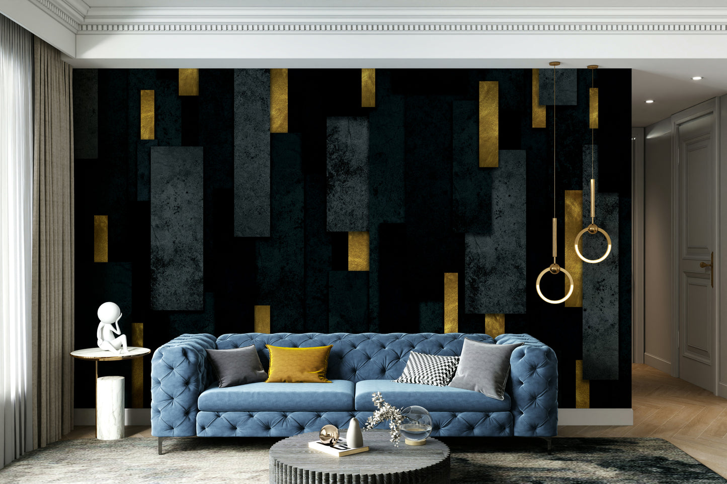 Sleek spires and sharp lines in black and charcoal wall mural

