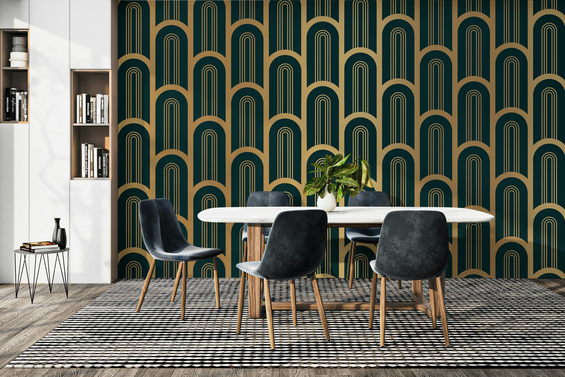 Bold Art Deco mural with gold columns and geometric accents

