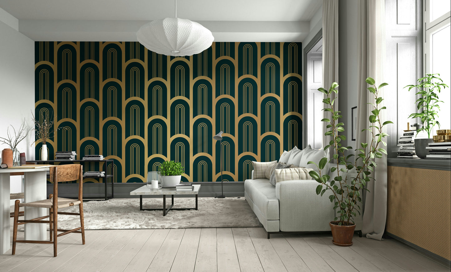 Cyan and gold Art Deco mural with luxurious column design

