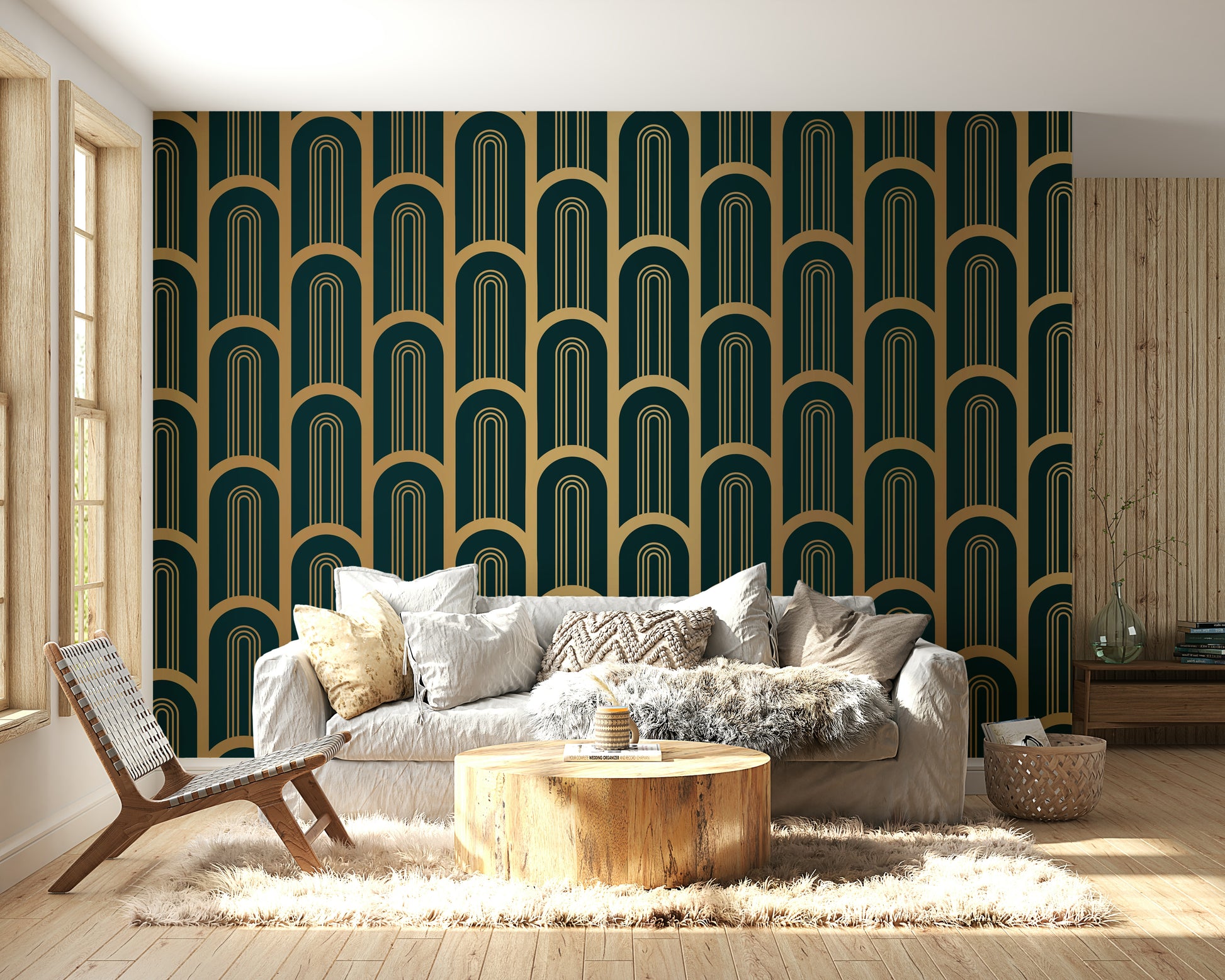 Elegant Art Deco wall mural with gold and cyan colors

