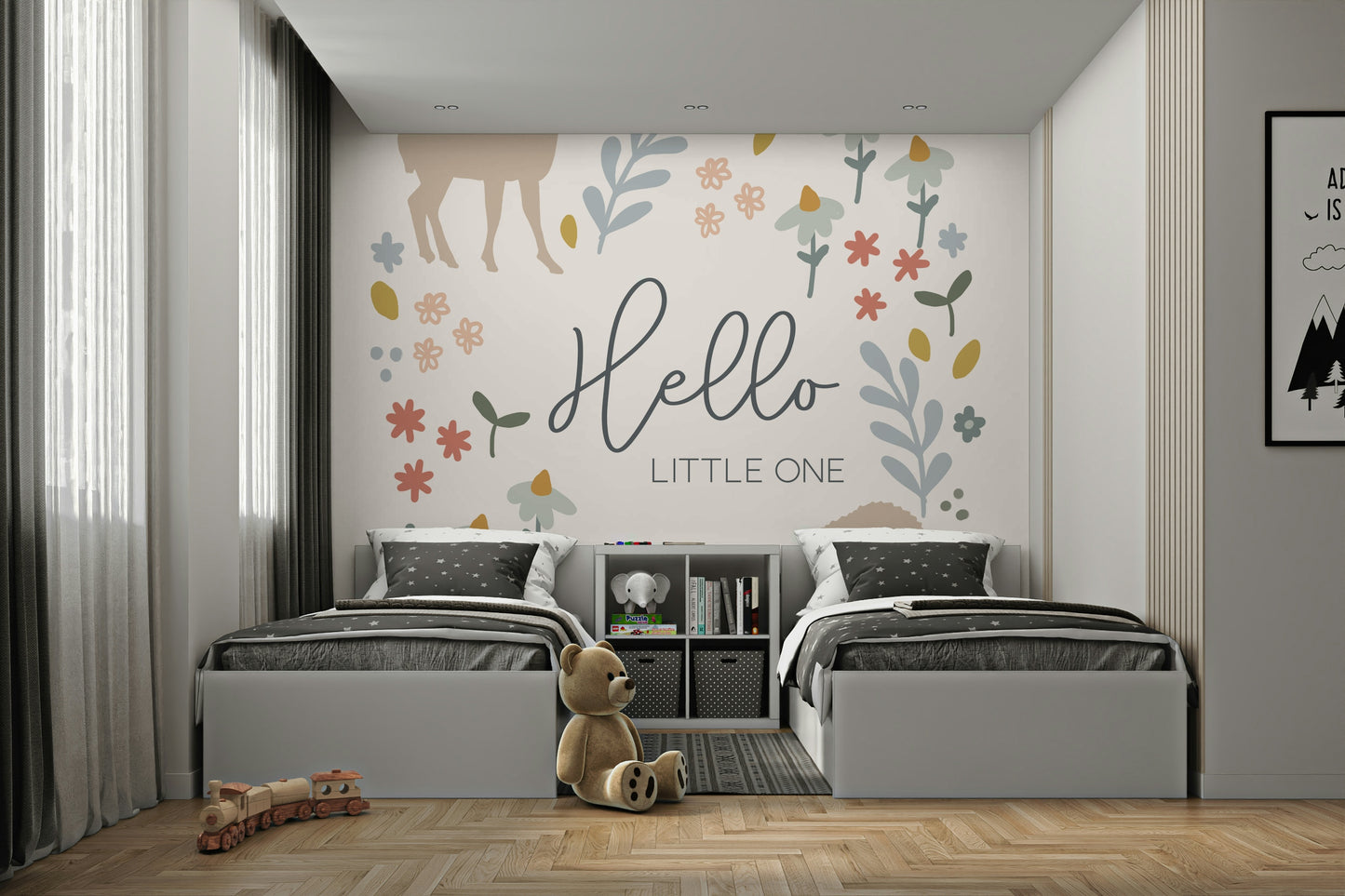 Soft-toned woodland mural wallpaper for a calming nursery.


