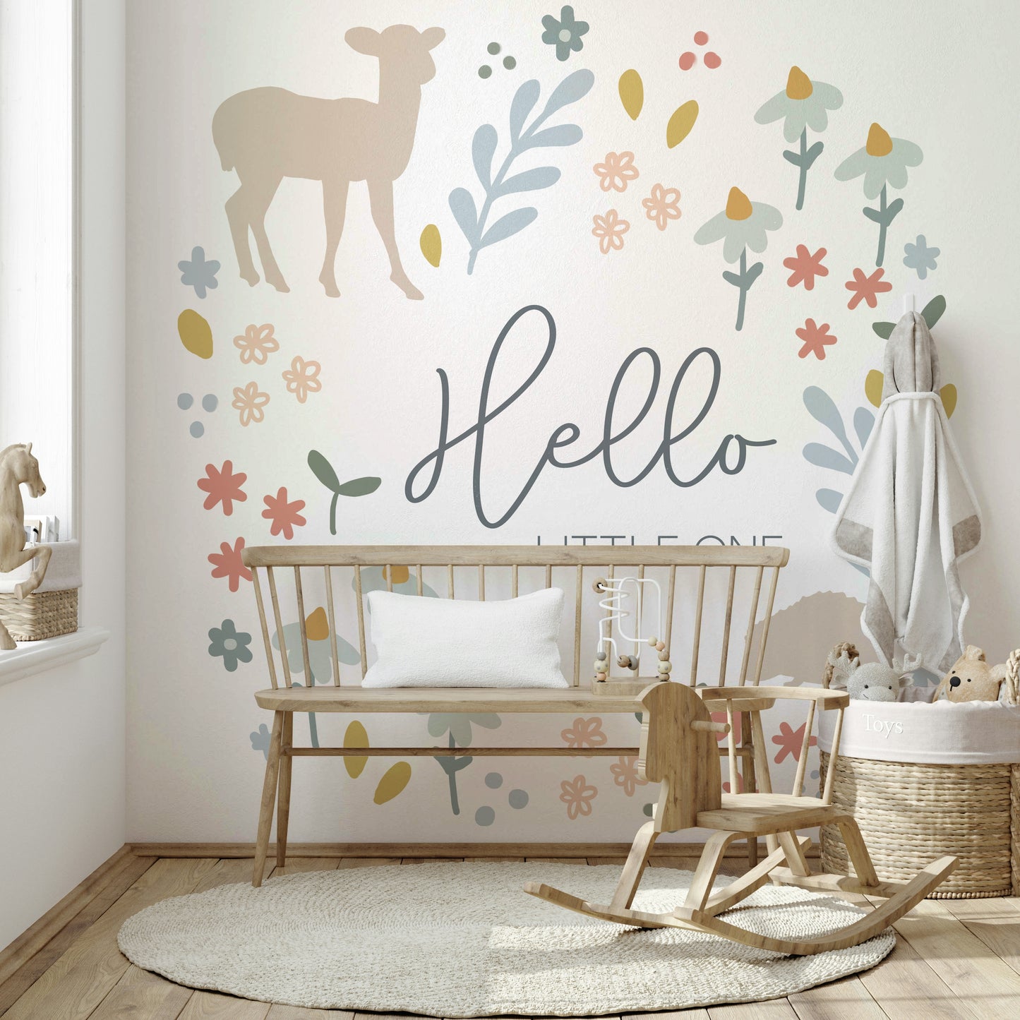 Whimsical Woodland Nursery Wall Mural with playful animals.

