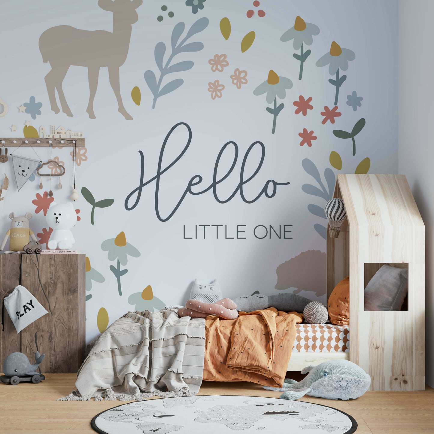 Cute woodland creatures in a soft, nature-inspired wall mural.

