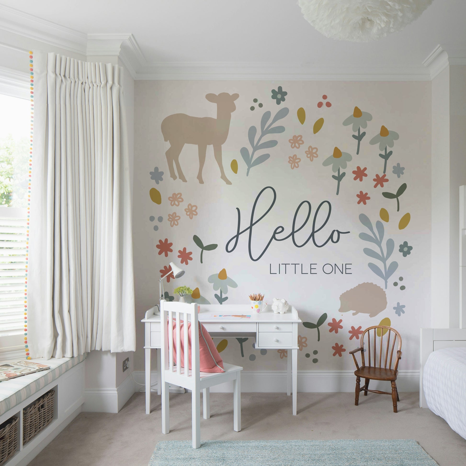 Whimsical woodland wall mural perfect for a playful room.

