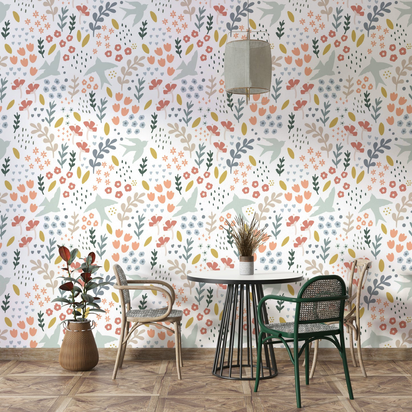 Bright and fresh floral design wallpaper for lively interiors.

