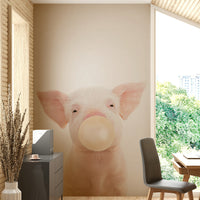 Cartoon piglet wall mural blowing bubble gum

