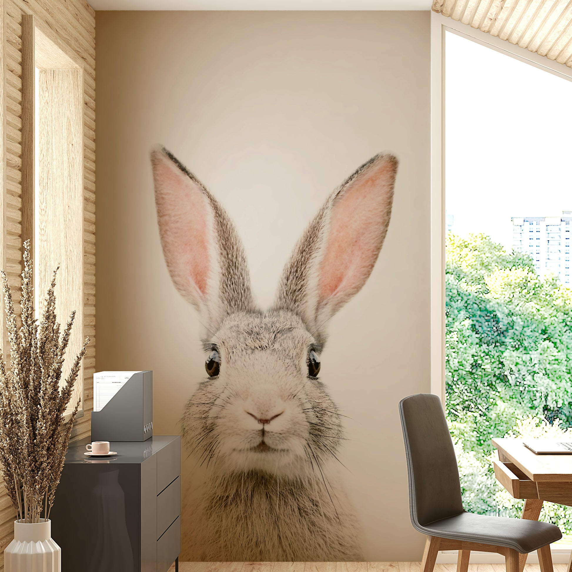 Playful bunny mural adding warmth and whimsy to your space.

