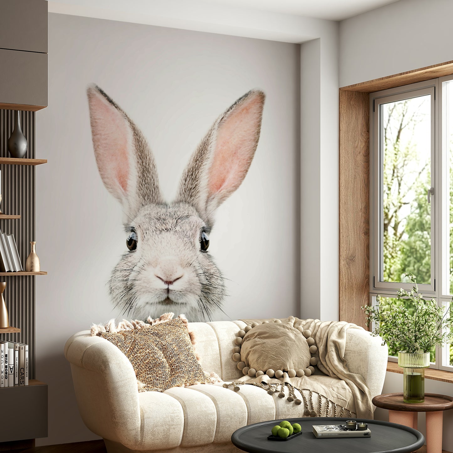 Bunny mural wallpaper for a cheerful and cozy room ambiance.

