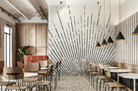 Radiant sun rays in a striking black and white wall mural.

