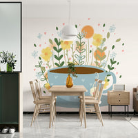 Elegant tea break mural with flowers and vintage teacups

