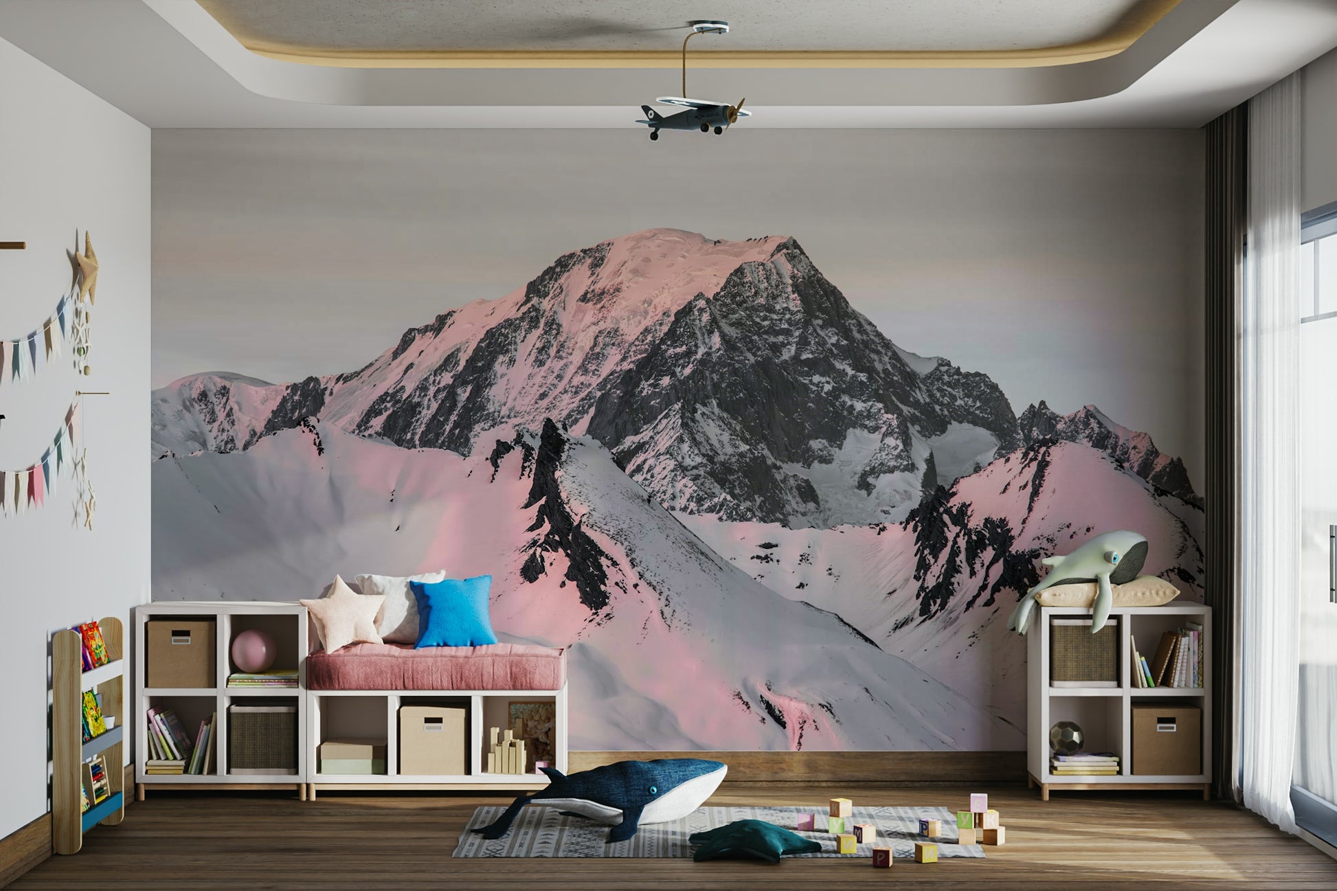 Winter mountain landscape mural with snow and rugged peaks.

