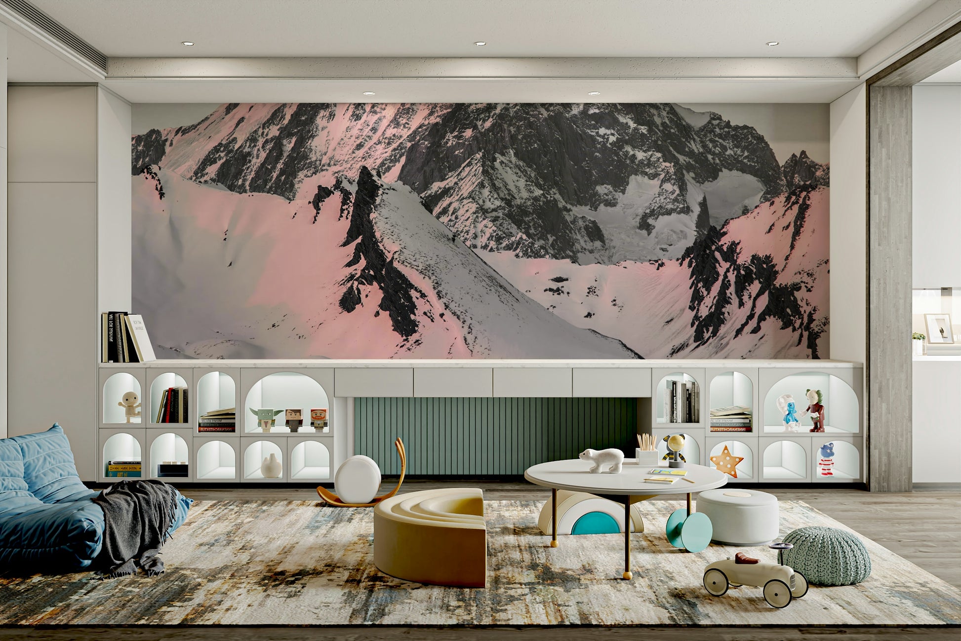 Snowy mountain peak wall mural for a serene, nature-inspired space.

