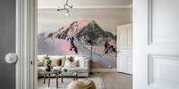 Majestic snowcapped mountain mural with rugged peaks and soft snow.

