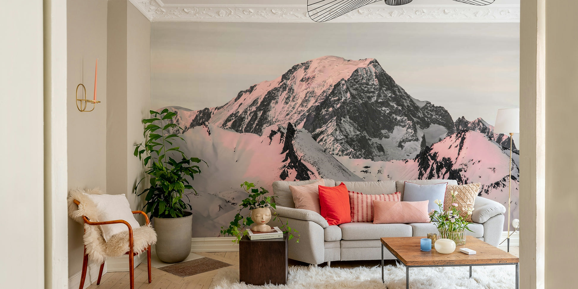 Peaceful snow-covered mountain landscape mural for a calming atmosphere.

