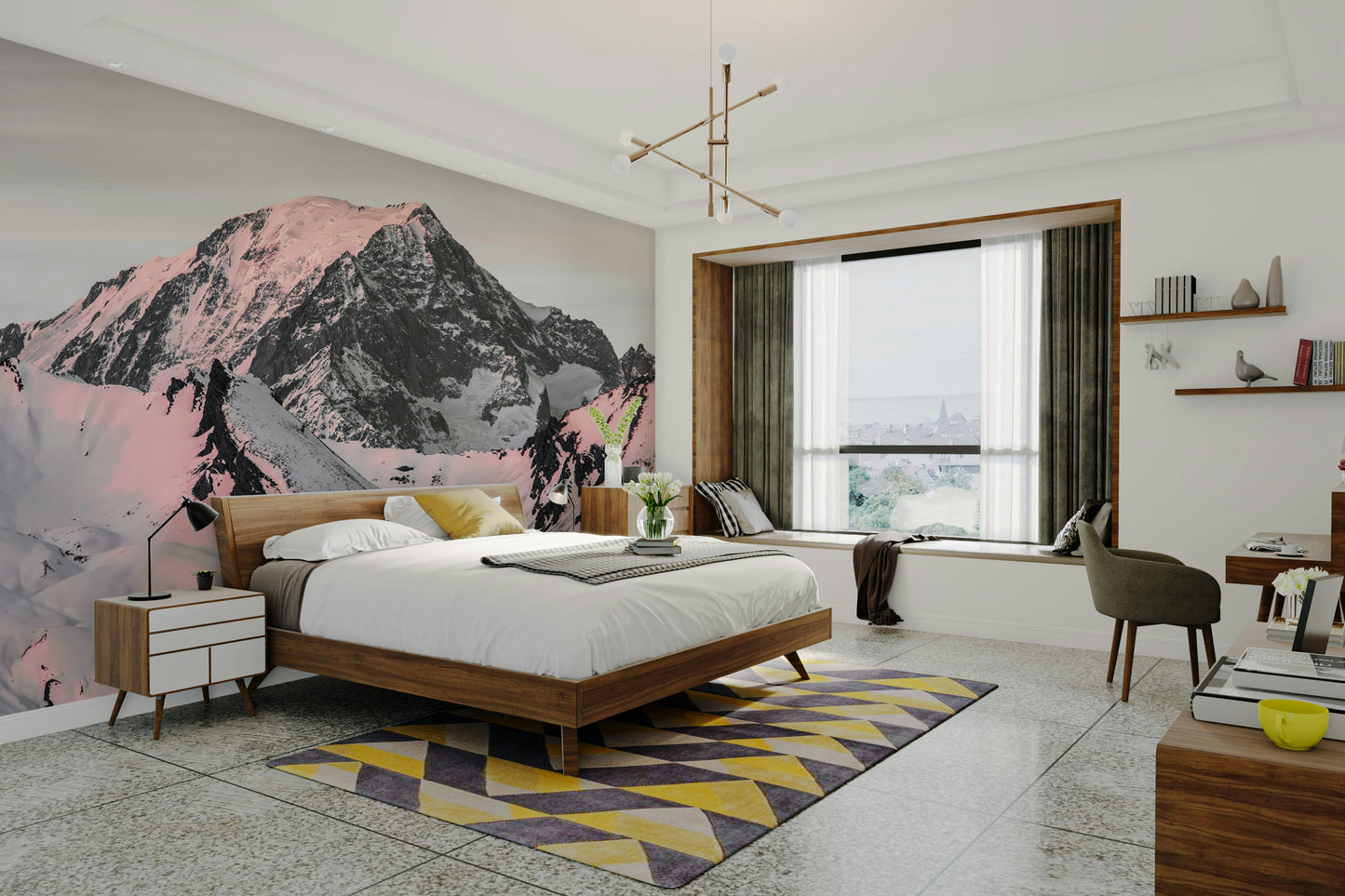 Majestic snow-covered mountain mural with soft pink hues.

