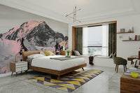 Majestic snow-covered mountain mural with soft pink hues.

