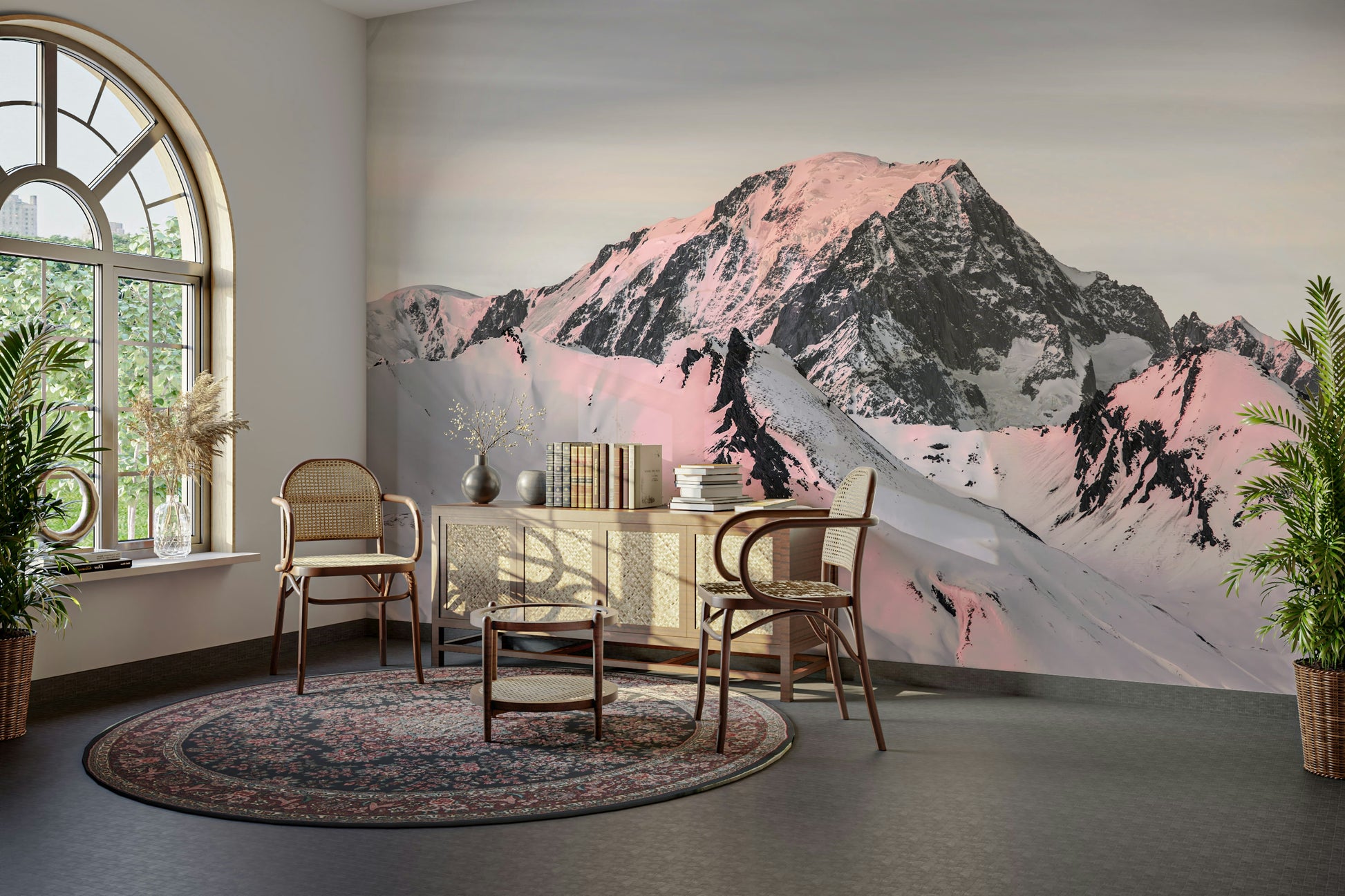 Snowcapped Mountain Wall Mural with pink snow and jagged peaks.

