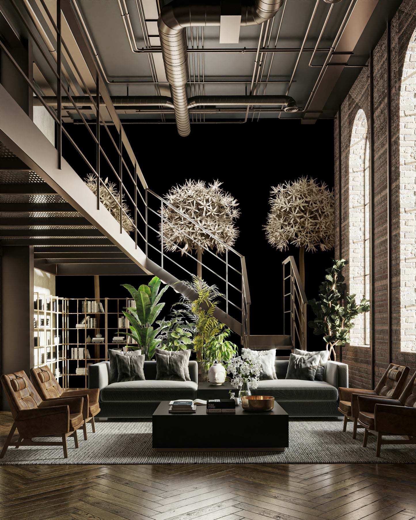 Three alliums on black wallpaper mural for a contemporary and natural feel.

