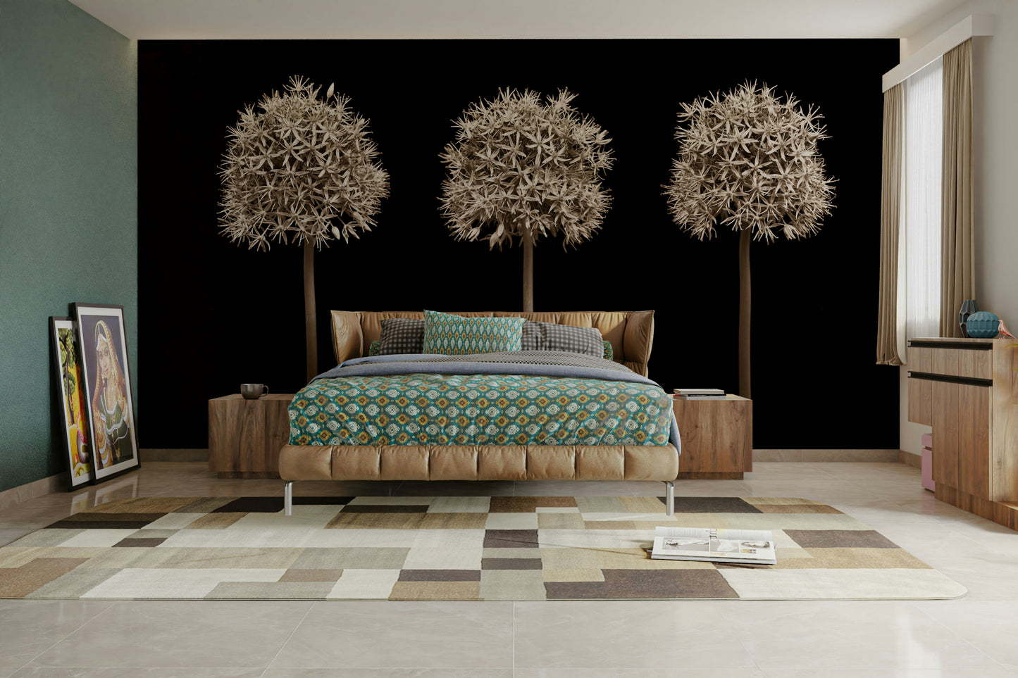 Three delicate allium flowers wallpaper mural with contrasting black background.

