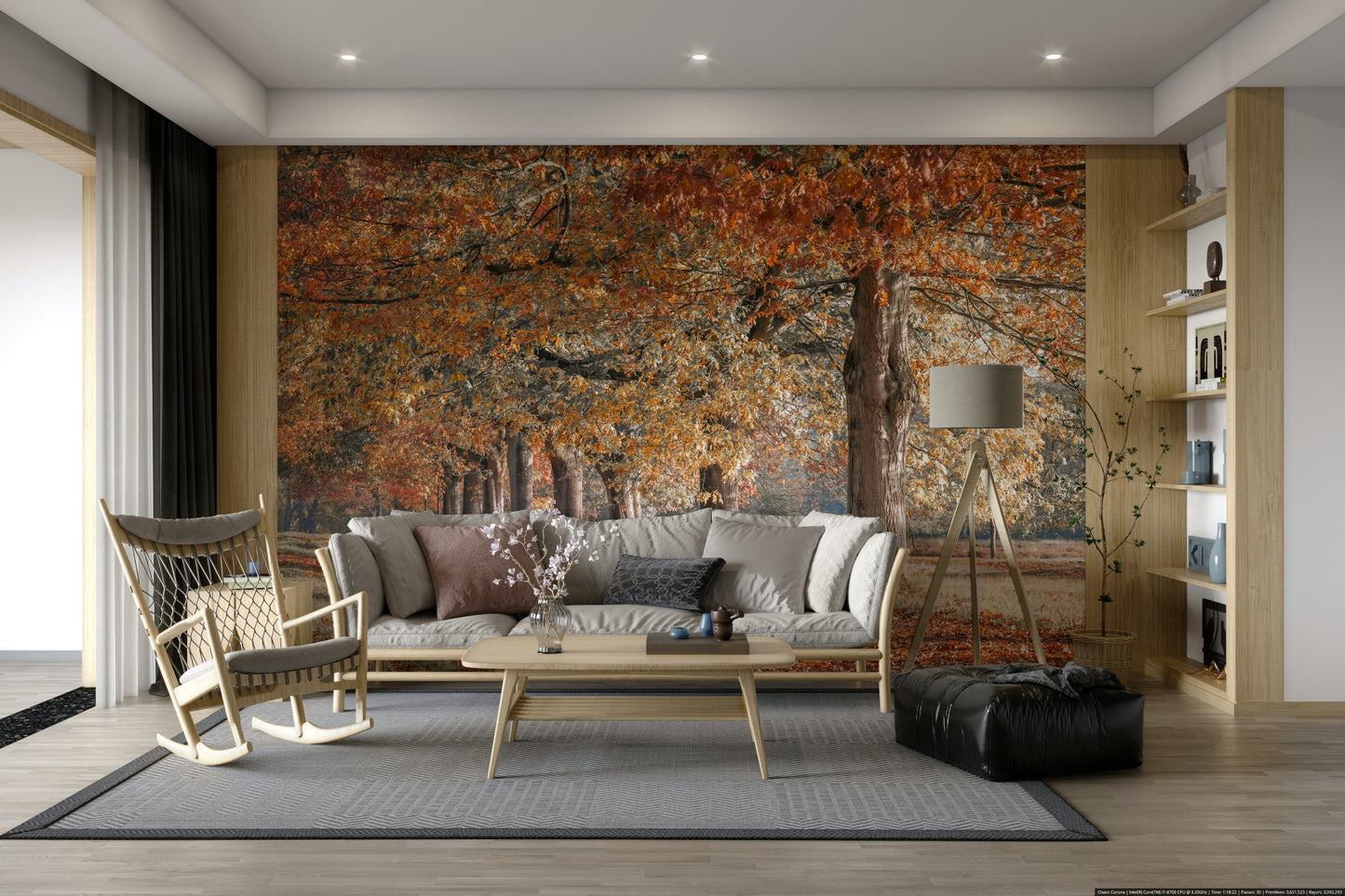 Golden Autumn Path Wall Mural with trees and autumn leaves.

