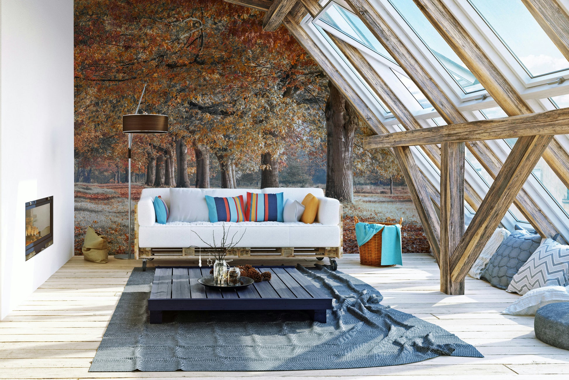 Serene autumn path with golden trees captured in wall mural.

