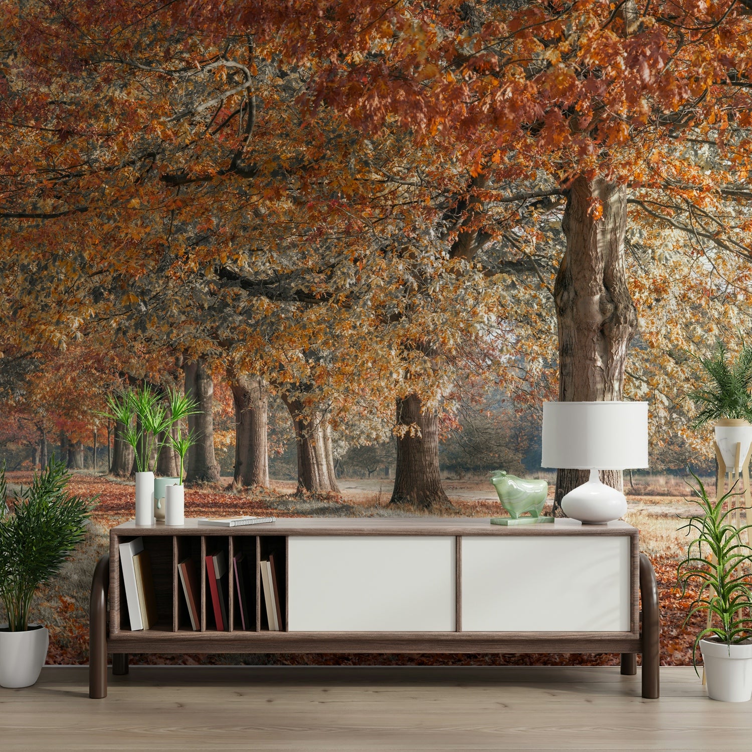 Golden fall foliage mural for creating a cozy autumn room vibe.


