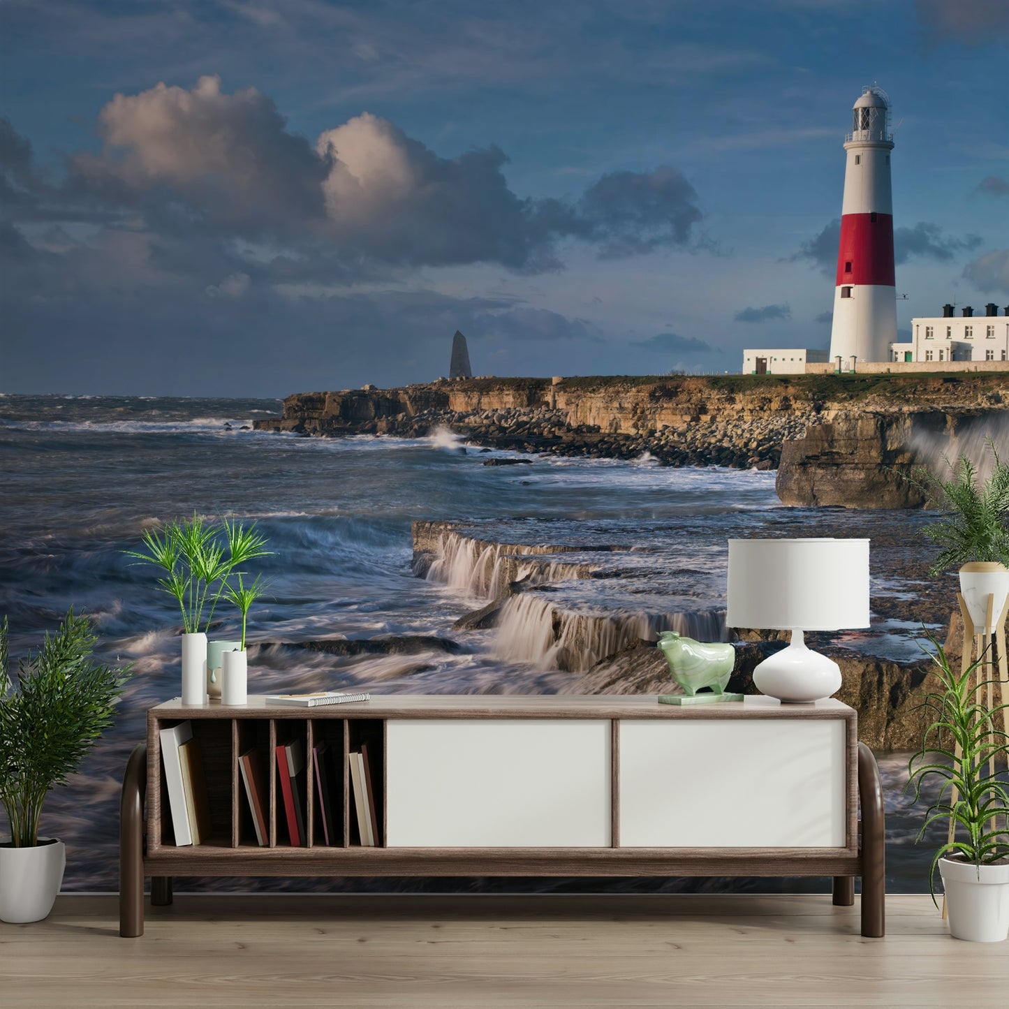 Iconic lighthouse and ocean scene mural for creating a seaside atmosphere.

