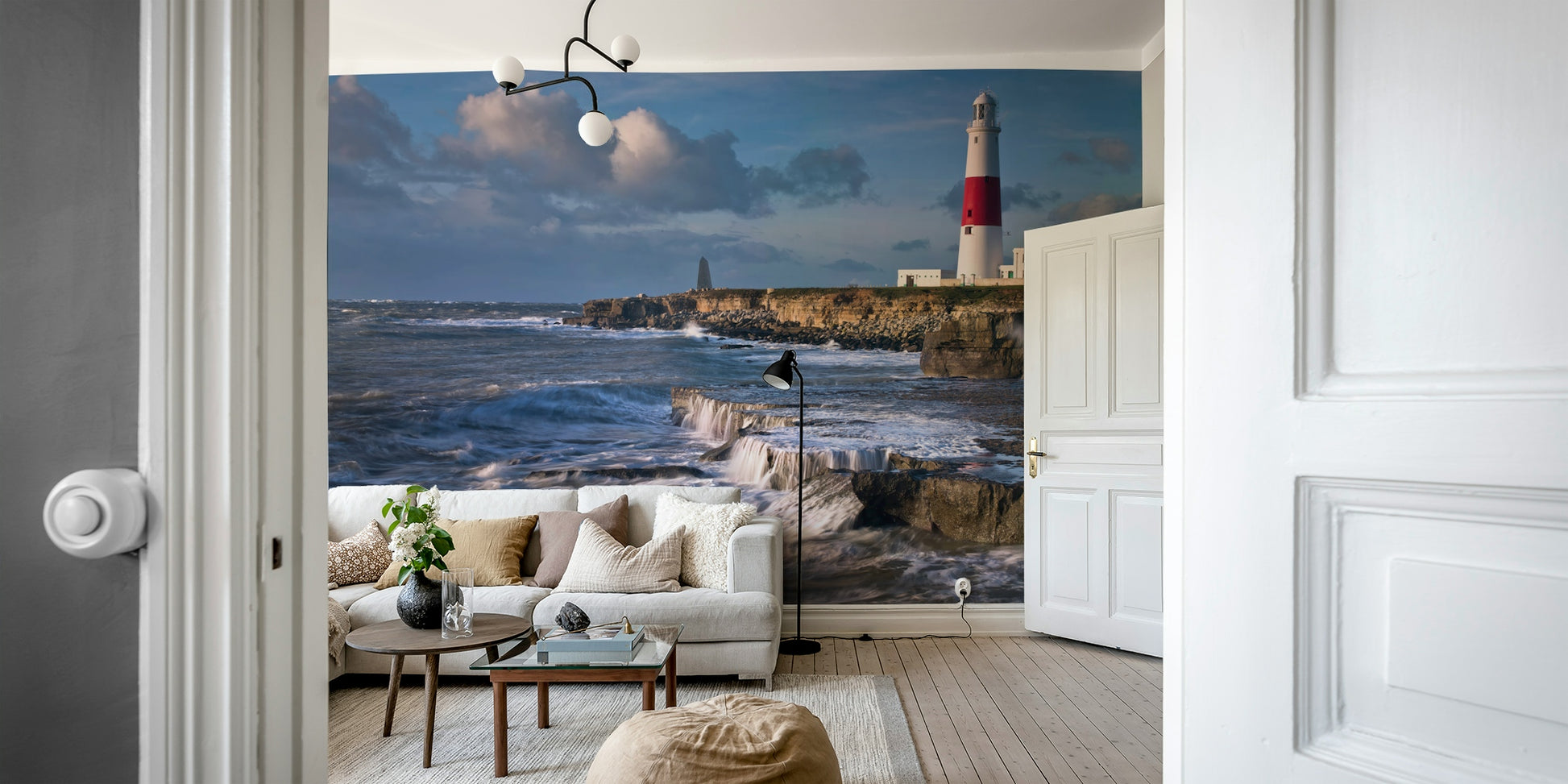 Portland Bill Lighthouse Wall Mural with crashing waves and lighthouse.

