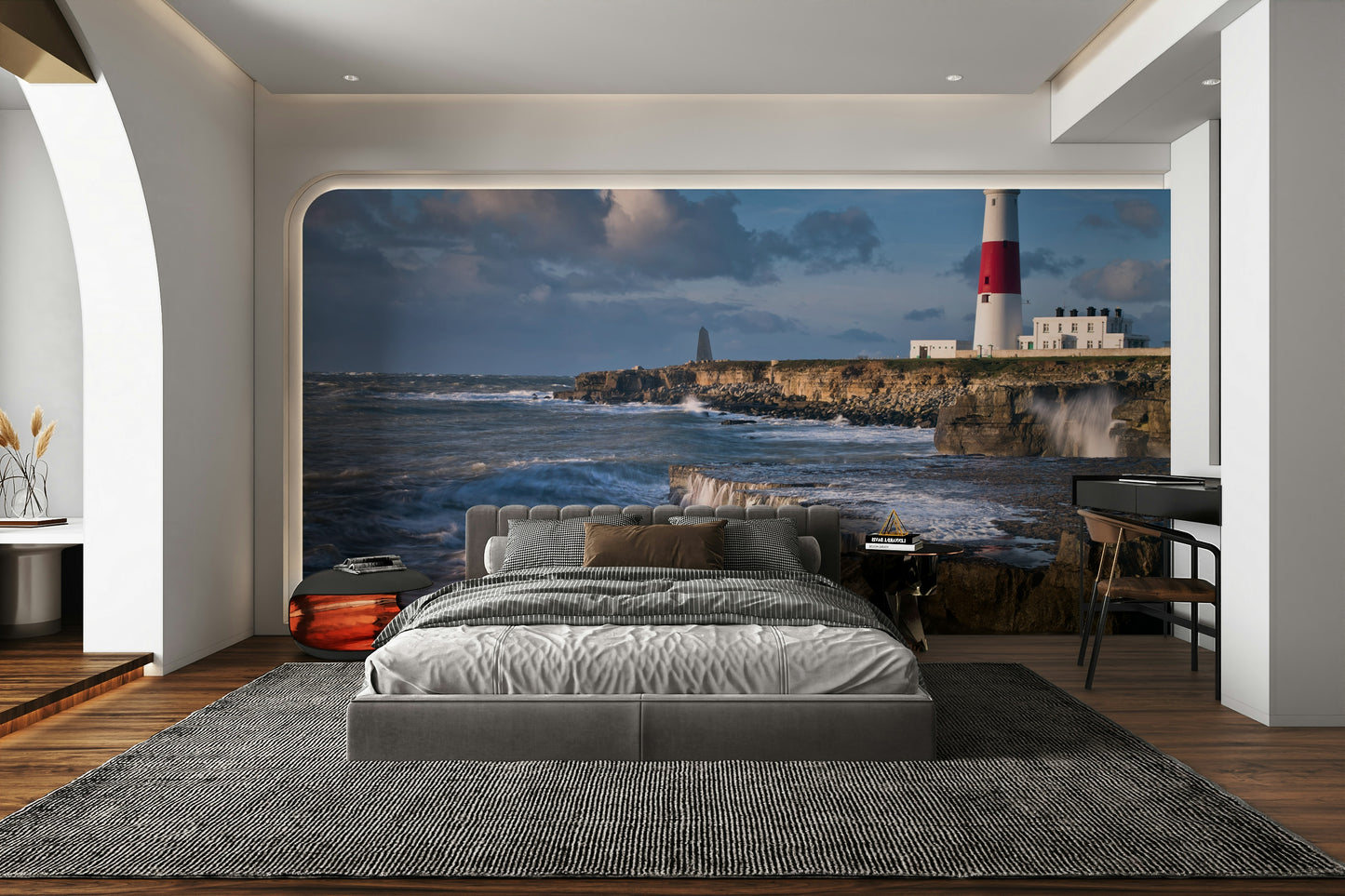 Portland Bill lighthouse wallpaper with dramatic ocean waves.

