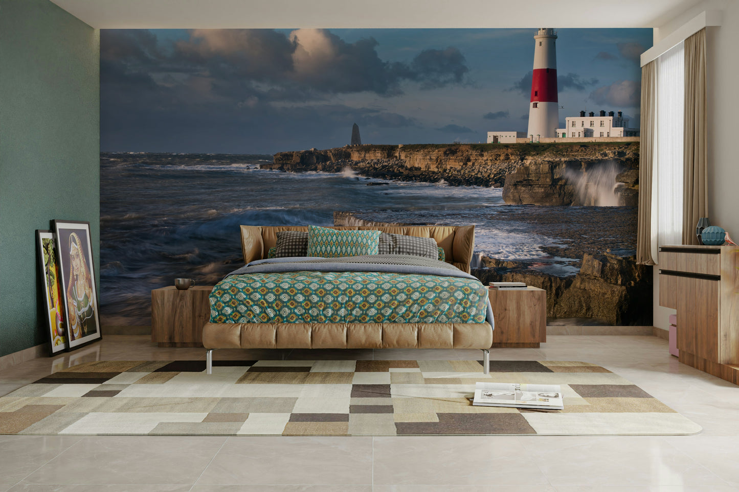 Coastal Portland Bill lighthouse mural bringing the seaside indoors.

