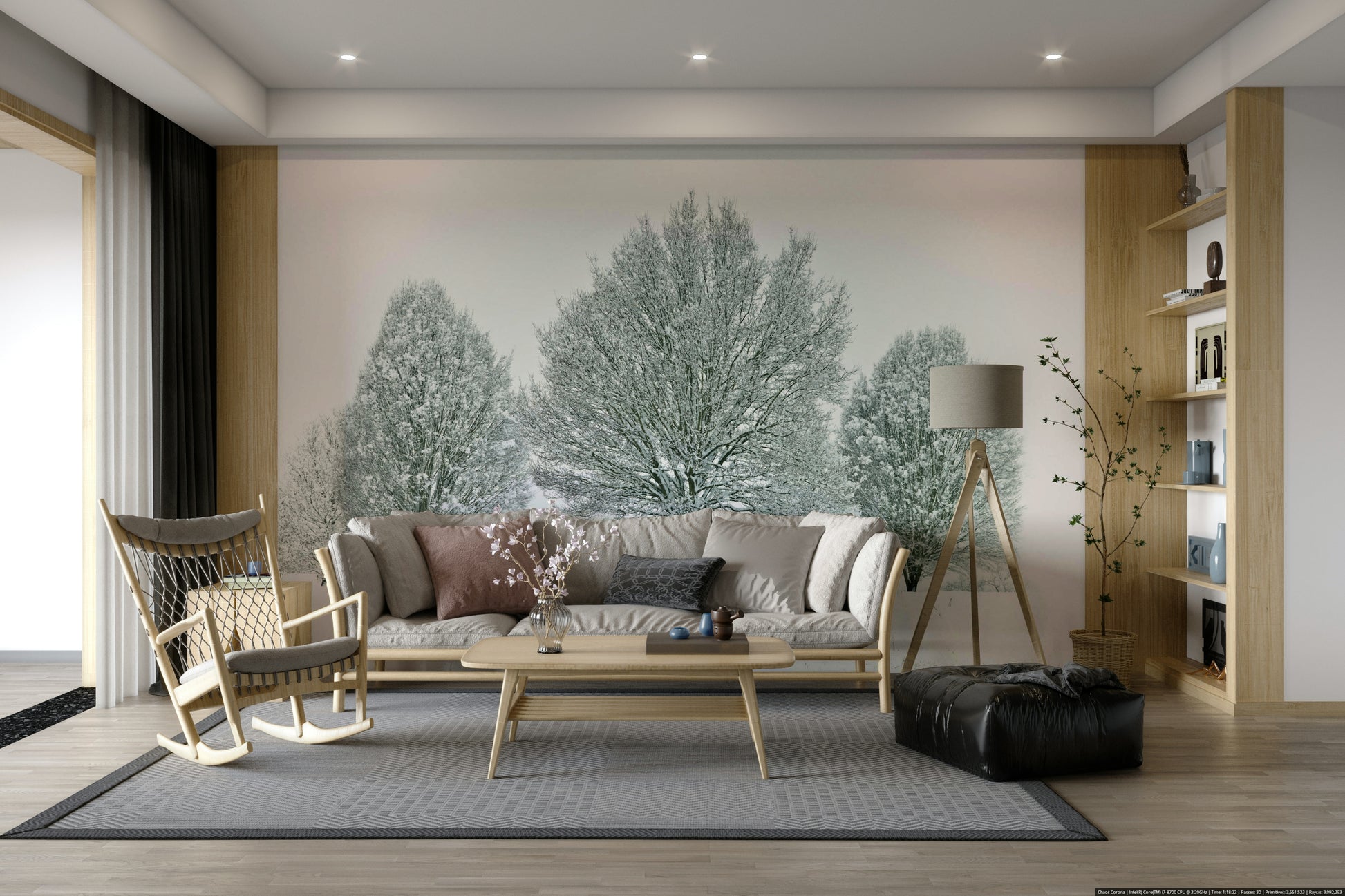 Snowy winter tree mural for creating a serene and peaceful space.

