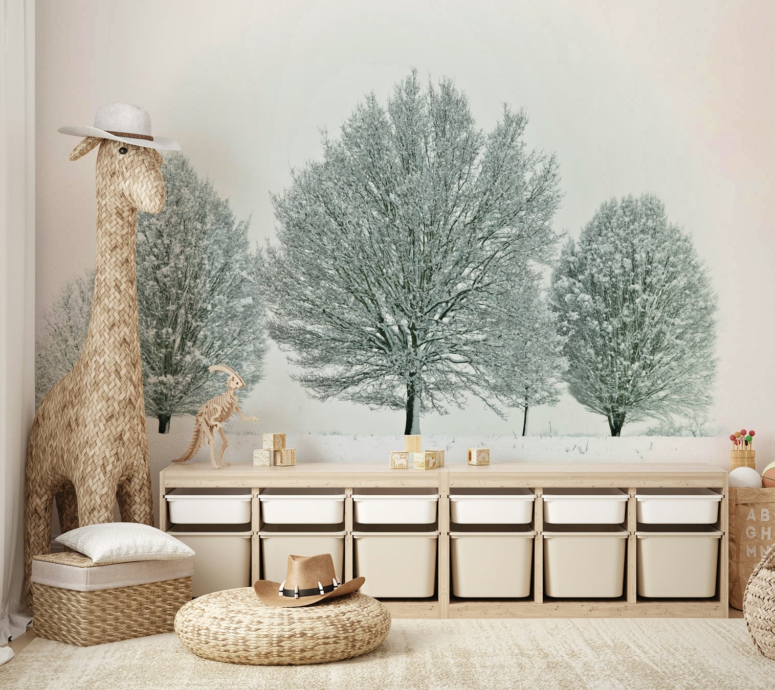 Snow-covered trees and soft landscape mural for a calming atmosphere.

