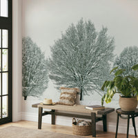 Frosty Trees Wall Mural with snow-covered branches and soft landscape.

