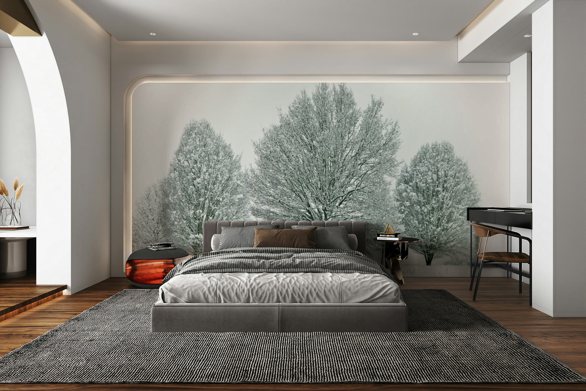 Snowy tree scene captured in a winter wonderland wall mural.

