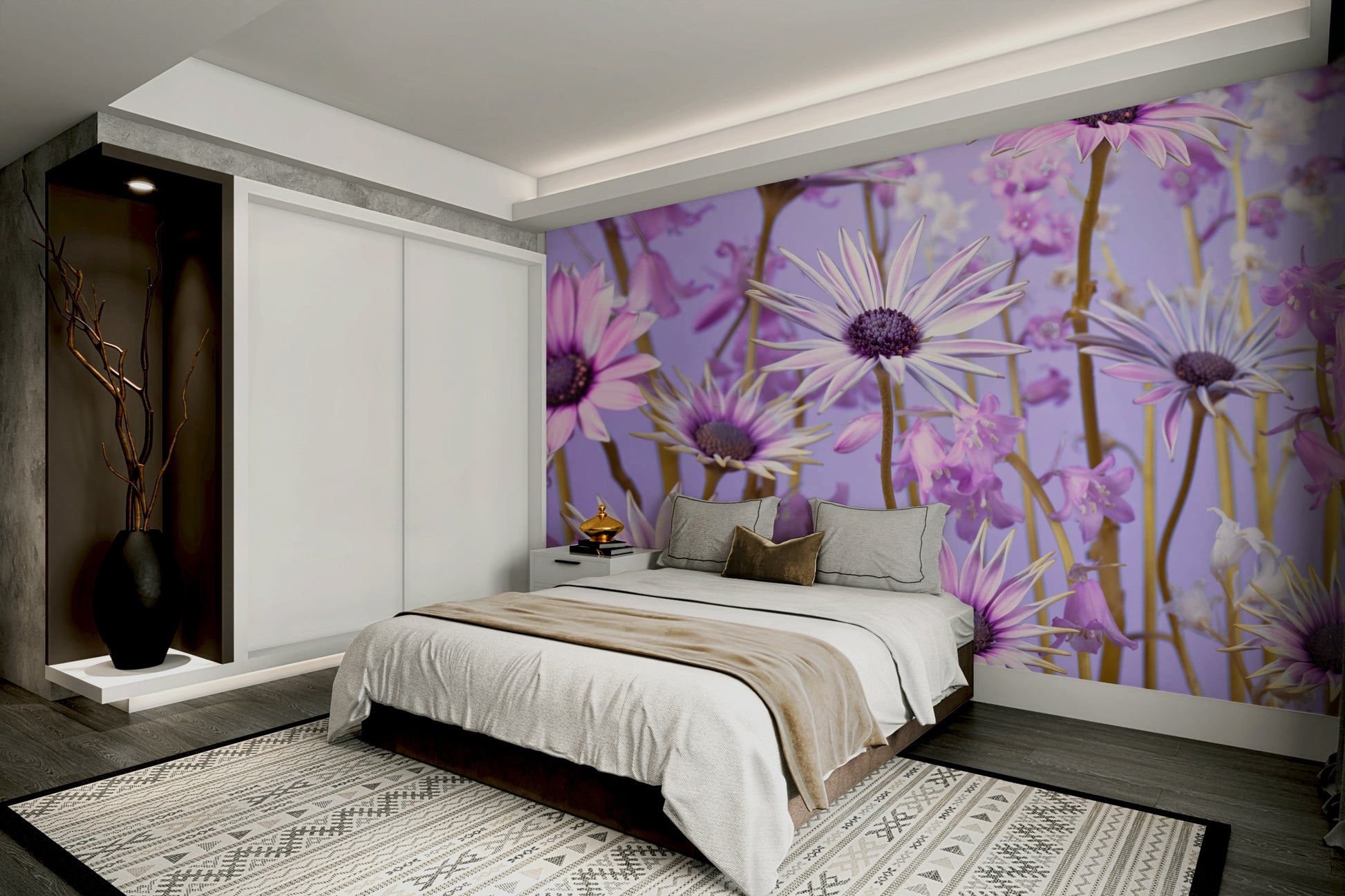 Lush green botanical wallpaper mural for a natural room feel.

