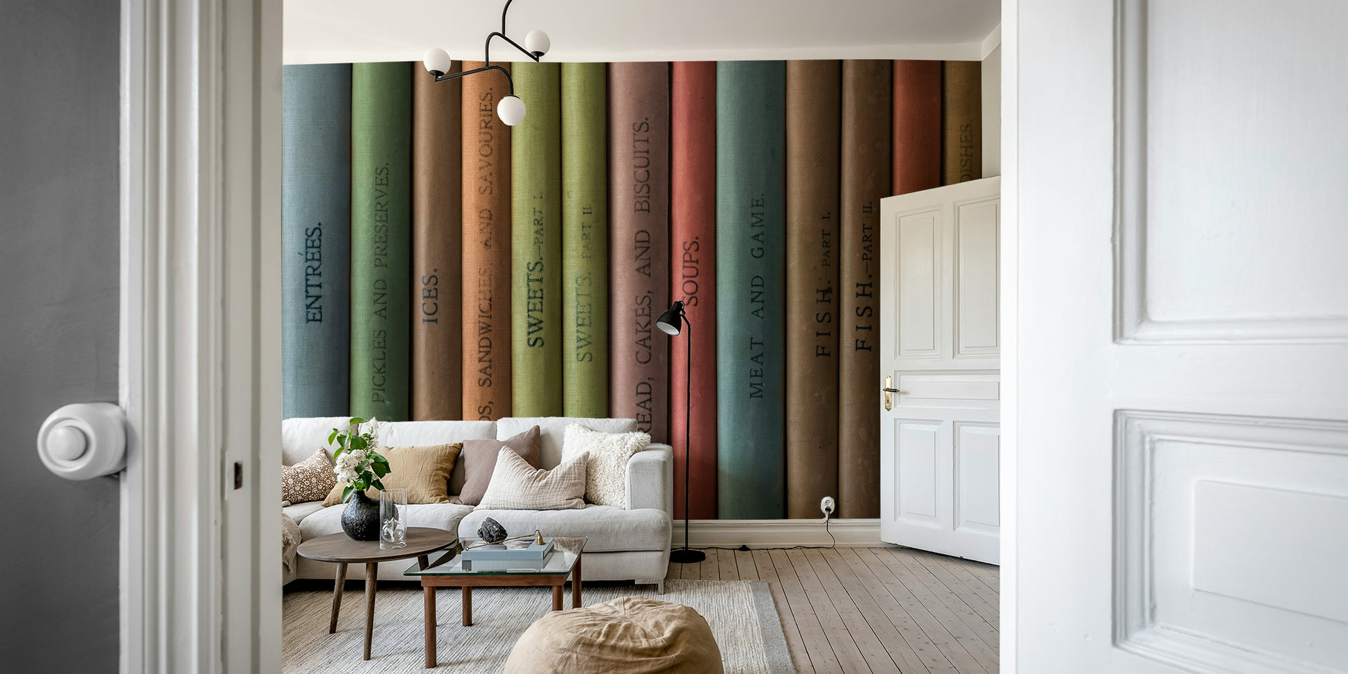Literary-themed wall mural with colorful vintage book spines.

