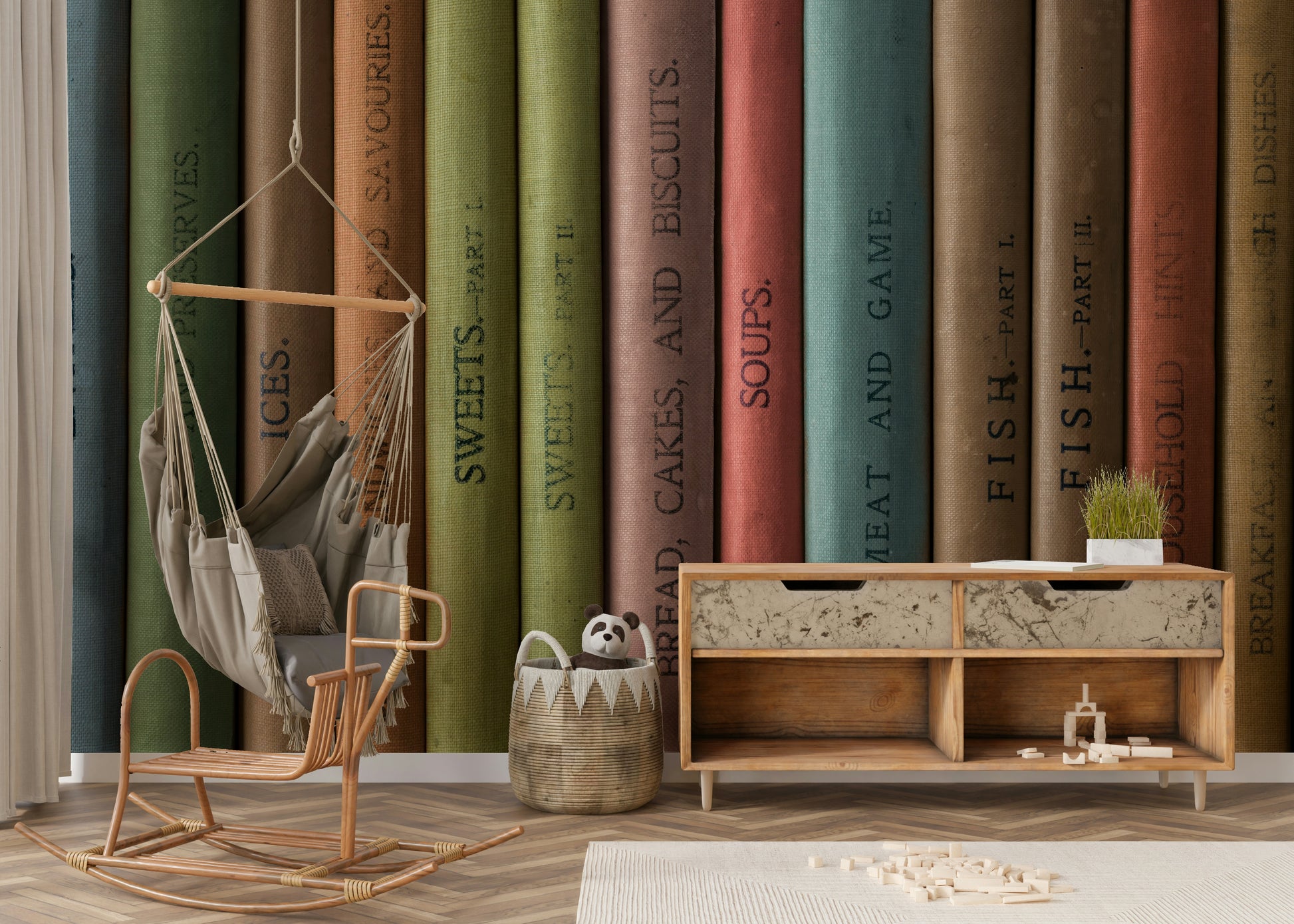 Vintage library wall mural featuring worn, colorful book spines.

